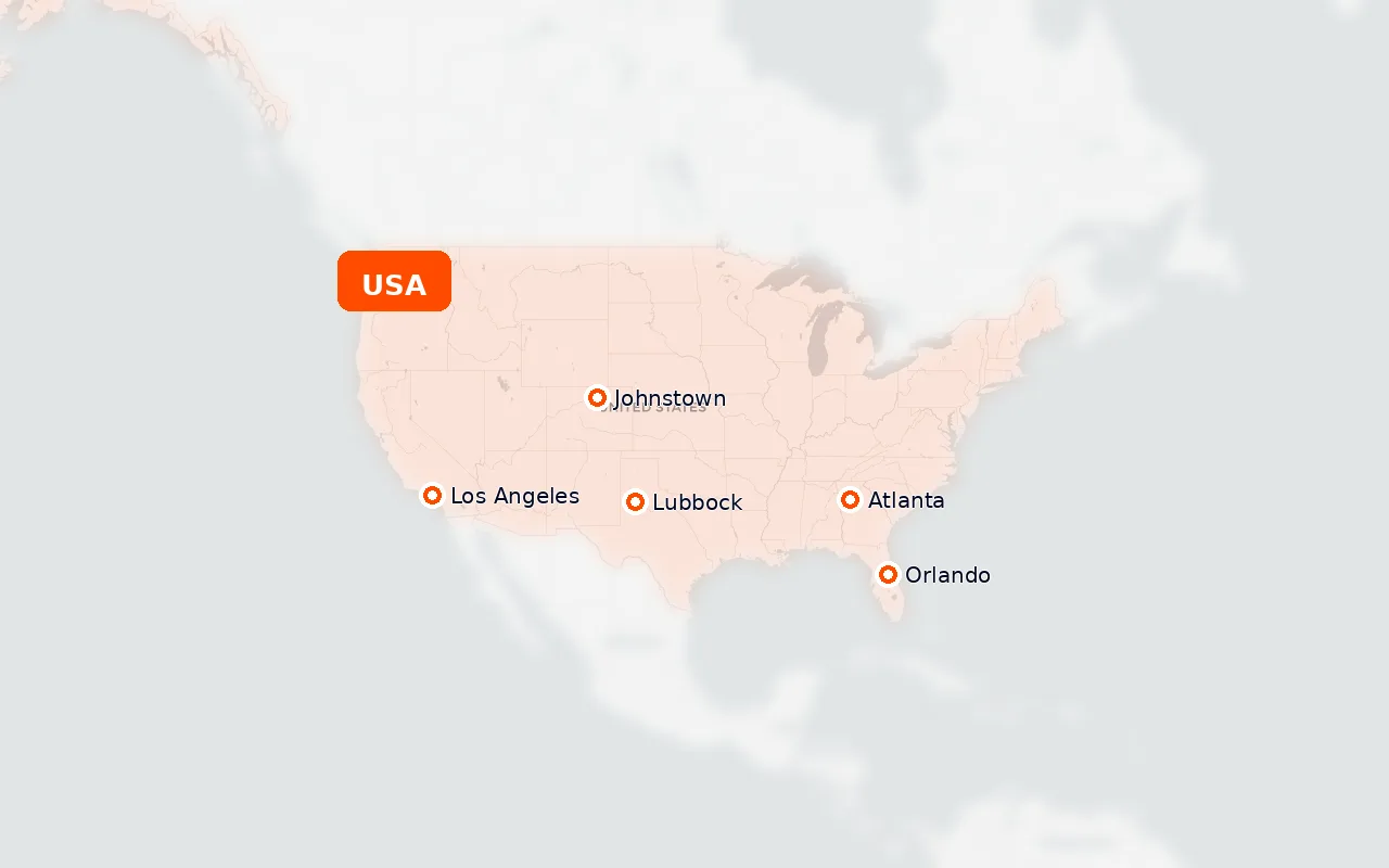 Mapa das localizações da Custom Case Kiosk · Balaji Brands, EUA