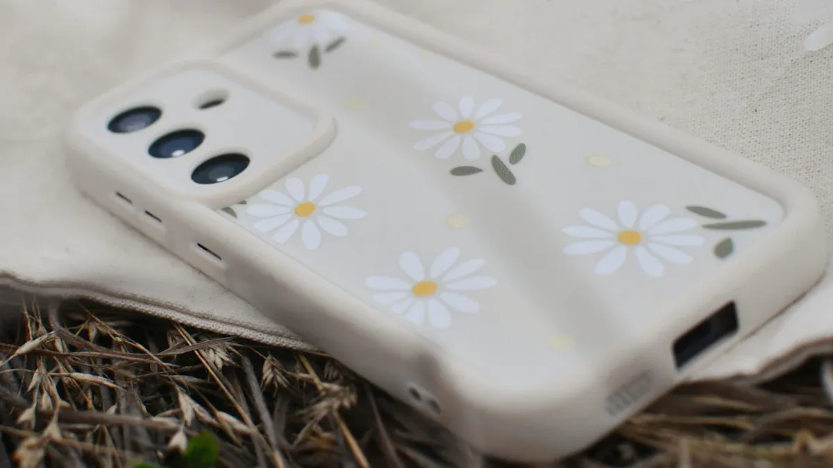 Wit telefoonhoesje met delicaat madeliefjespatroon, dat de DIY-aanpassingsmogelijkheden toont