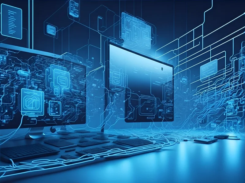 Moderne digitale werkruimte met een computermonitor met holografische interface-elementen, circuitpatronen en blauwe neonlichteffecten in een futuristische kantooromgeving